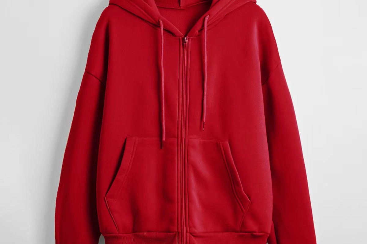 Sunny - Women's Textured Knit Zip-Up Hoodie with Drawstrings - Red