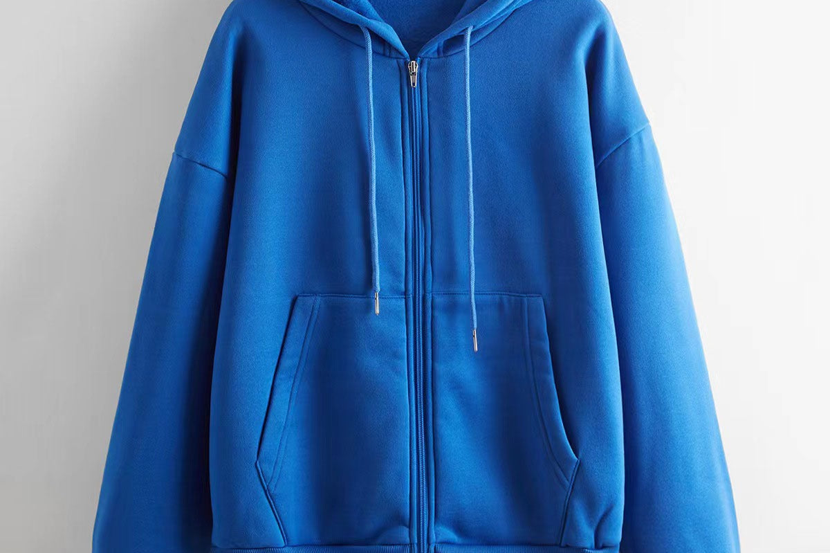 Sunny - Women's Textured Knit Zip-Up Hoodie with Drawstrings - Blue