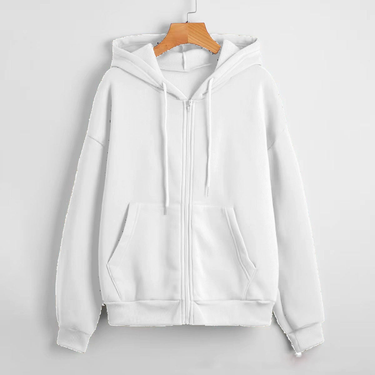 Sunny - Women's Textured Knit Zip-Up Hoodie with Drawstrings - White