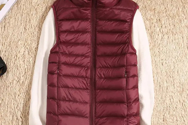 Tenley - Women's Lightweight Padded Gilet with Stand Collar - Dark Red
