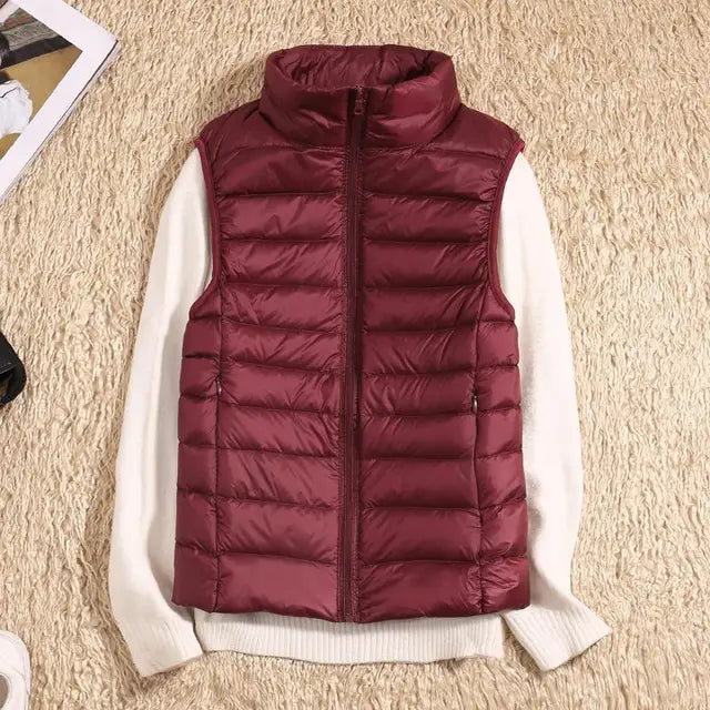 Tenley - Women's Lightweight Padded Gilet with Stand Collar - Dark Red