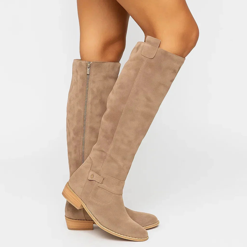 Teodora - Women's Knee-High Suede Boots with Block Heel and Side Zip - Beige