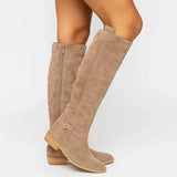 Teodora - Women's Knee-High Suede Boots with Block Heel and Side Zip - Beige