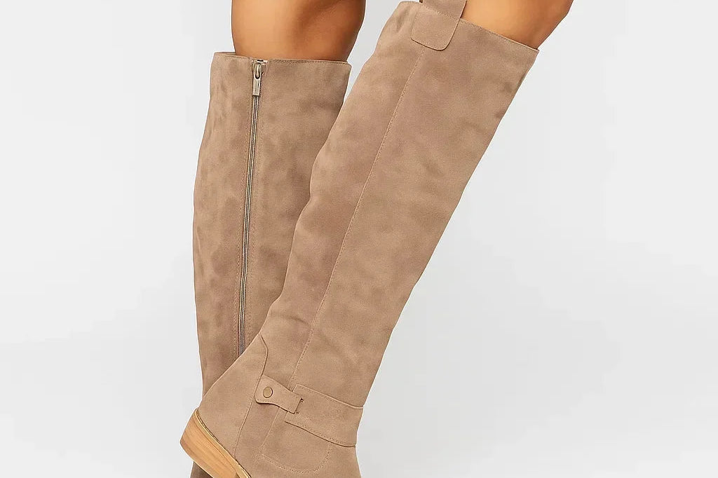 Teodora - Women's Knee-High Suede Boots with Block Heel and Side Zip - Beige