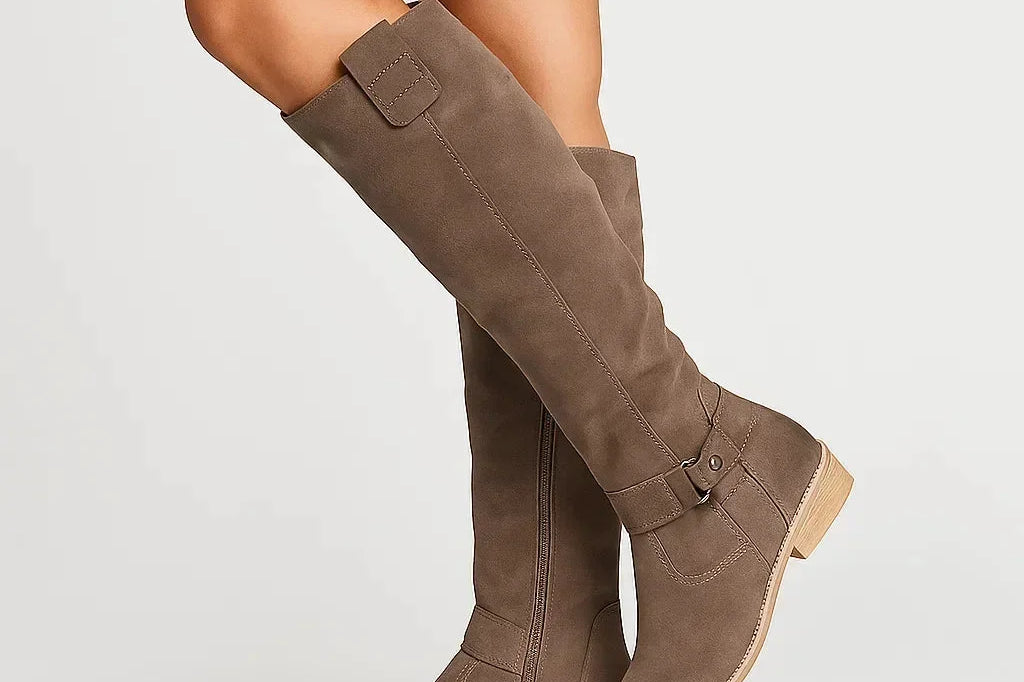 Teodora - Women's Knee-High Suede Boots with Block Heel and Side Zip - Brown