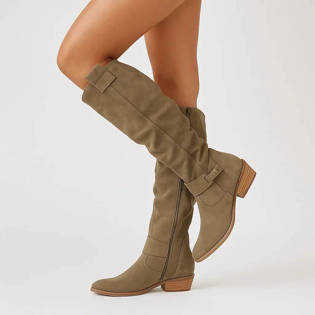 Teodora - Women's Knee-High Suede Boots with Block Heel and Side Zip - Dark Green