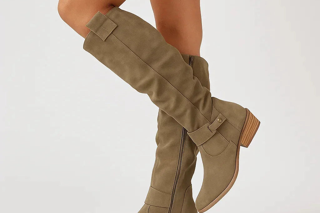 Teodora - Women's Knee-High Suede Boots with Block Heel and Side Zip - Dark Green