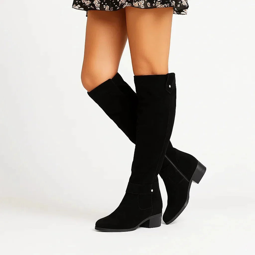 Teodora - Women's Knee-High Suede Boots with Block Heel and Side Zip - Black