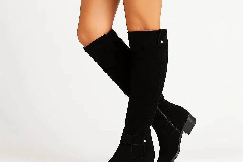 Teodora - Women's Knee-High Suede Boots with Block Heel and Side Zip - Black