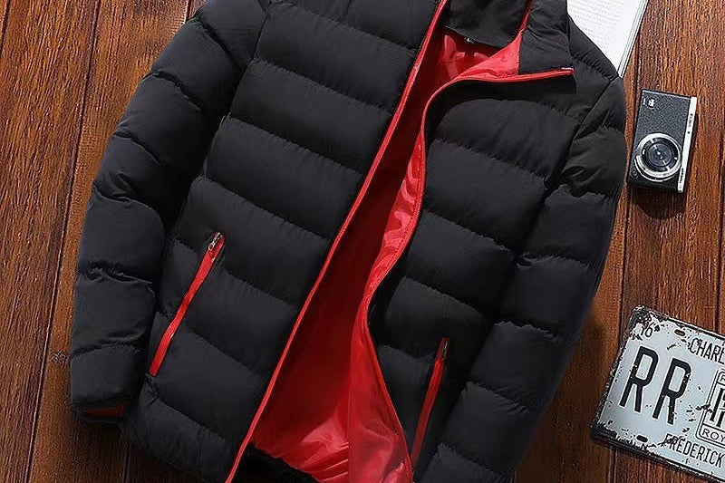Thaddeus - Men's High Collar Lined Puffer Jacket - Black / Red