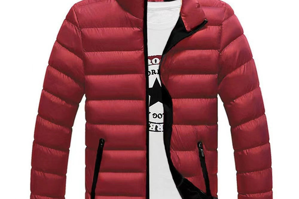 Thaddeus - Men's High Collar Lined Puffer Jacket - Wine Red