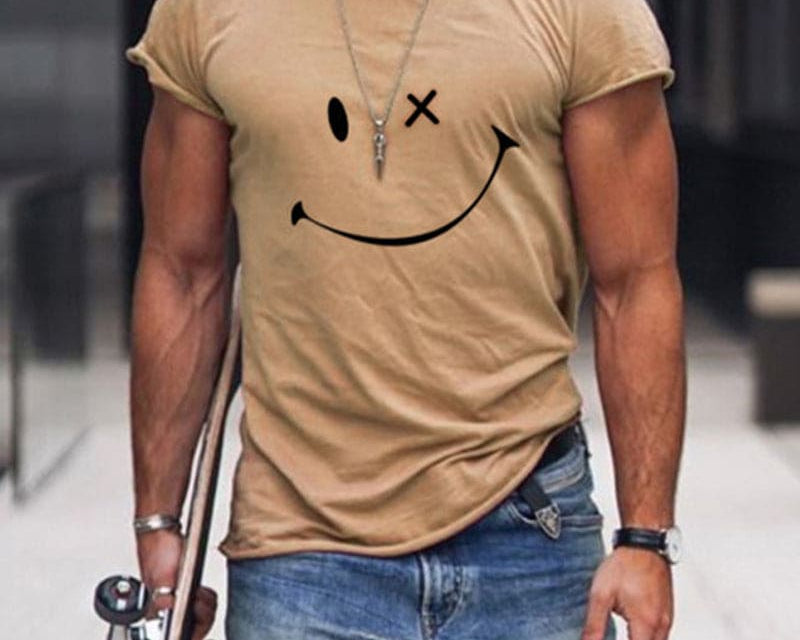 Theo - Men's Relaxed Fit Smiley Graphic T-Shirt - Khaki
