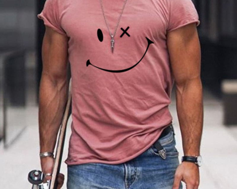 Theo - Men's Relaxed Fit Smiley Graphic T-Shirt - Pink