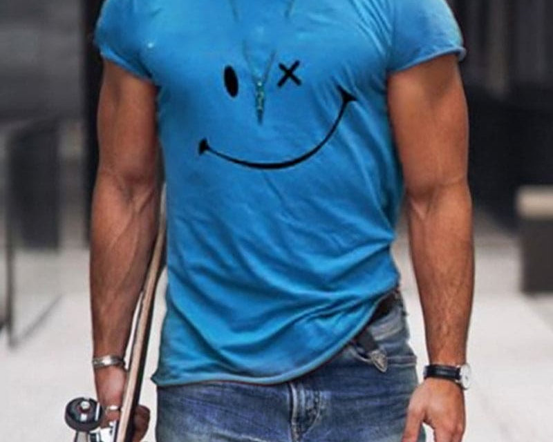 Theo - Men's Relaxed Fit Smiley Graphic T-Shirt - Blue