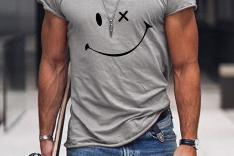 Theo - Men's Relaxed Fit Smiley Graphic T-Shirt - Gray