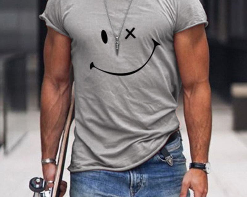 Theo - Men's Relaxed Fit Smiley Graphic T-Shirt - Gray