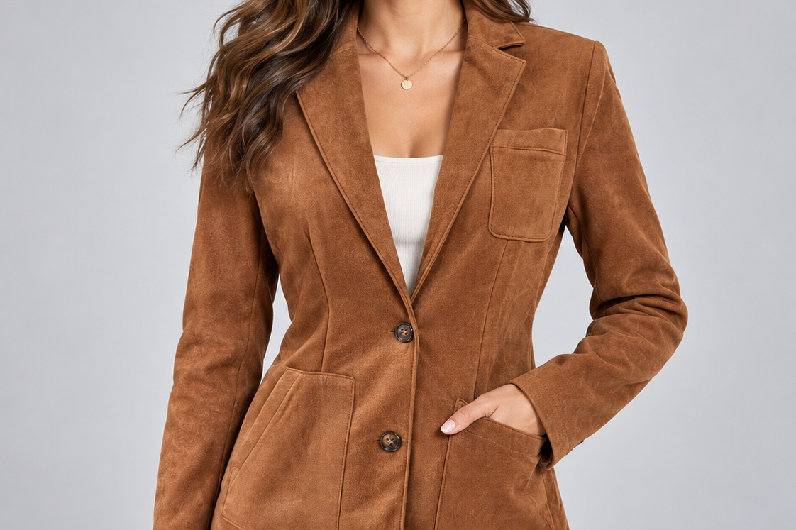 Tilde - Women's Brown Suede Button-Front Blazer - Brown