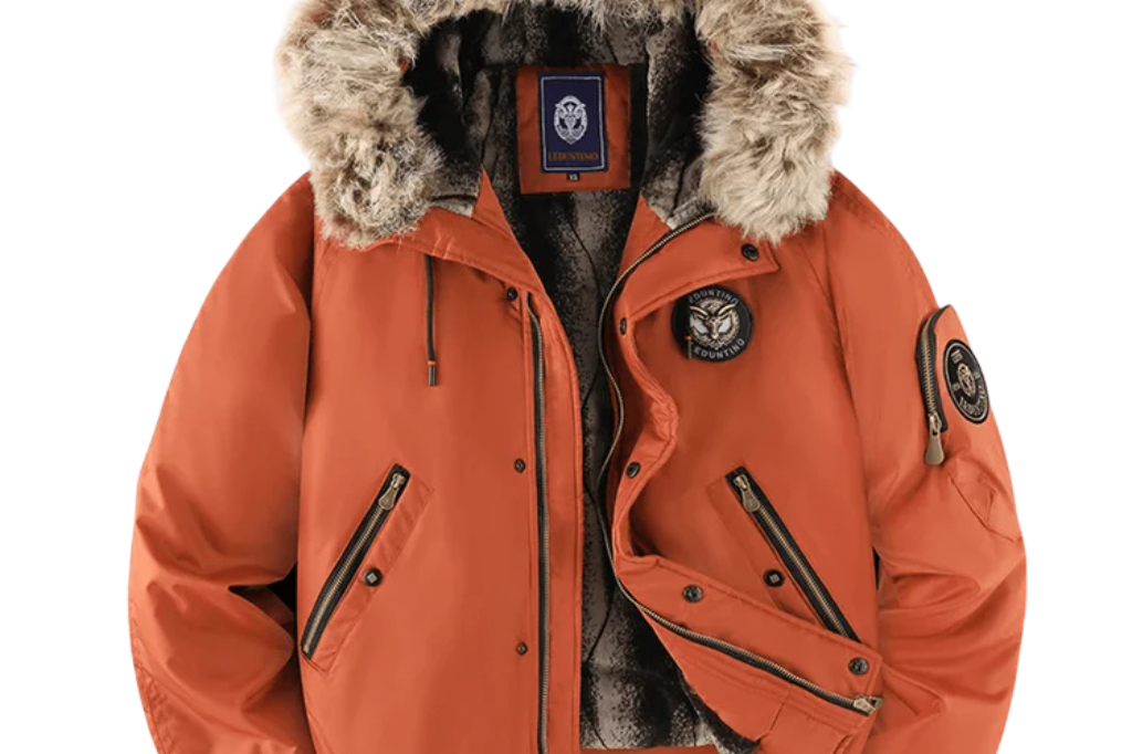 Tobias - Men's Quilted Bomber Jacket with Faux Fur Hood - Orange