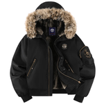 Tobias - Men's Quilted Bomber Jacket with Faux Fur Hood - Black
