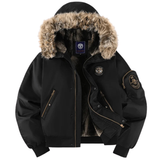 Tobias - Men's Quilted Bomber Jacket with Faux Fur Hood - Black