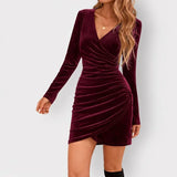 Tova - Women's Velvet Wrap-Front Long Sleeve Mini Dress - Red