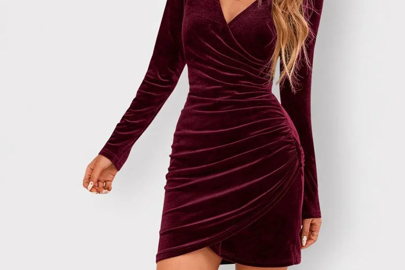 Tova - Women's Velvet Wrap-Front Long Sleeve Mini Dress - Red