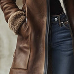 Tove - Women's Long Leather Coat with Faux Fur Collar