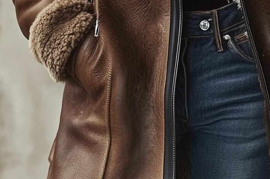 Tove - Women's Long Leather Coat with Faux Fur Collar