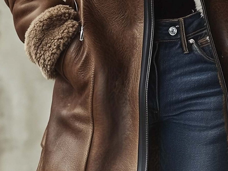Tove - Women's Long Leather Coat with Faux Fur Collar