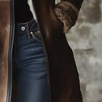 Tove - Women's Long Leather Coat with Faux Fur Collar