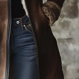 Tove - Women's Long Leather Coat with Faux Fur Collar