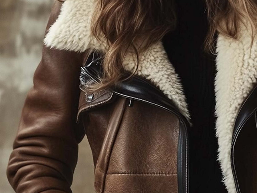 Tove - Women's Long Leather Coat with Faux Fur Collar