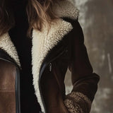 Tove - Women's Long Leather Coat with Faux Fur Collar