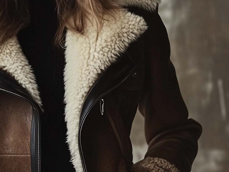 Tove - Women's Long Leather Coat with Faux Fur Collar