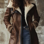 Tove - Women's Long Leather Coat with Faux Fur Collar - Brown