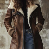 Tove - Women's Long Leather Coat with Faux Fur Collar - Brown