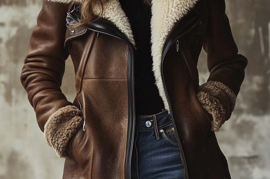 Tove - Women's Long Leather Coat with Faux Fur Collar - Brown
