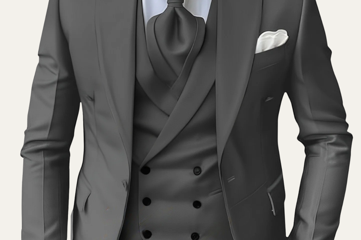 Trent - Men's Structured Shoulder Three-Piece Suit in Dark Tones - Dark Gray