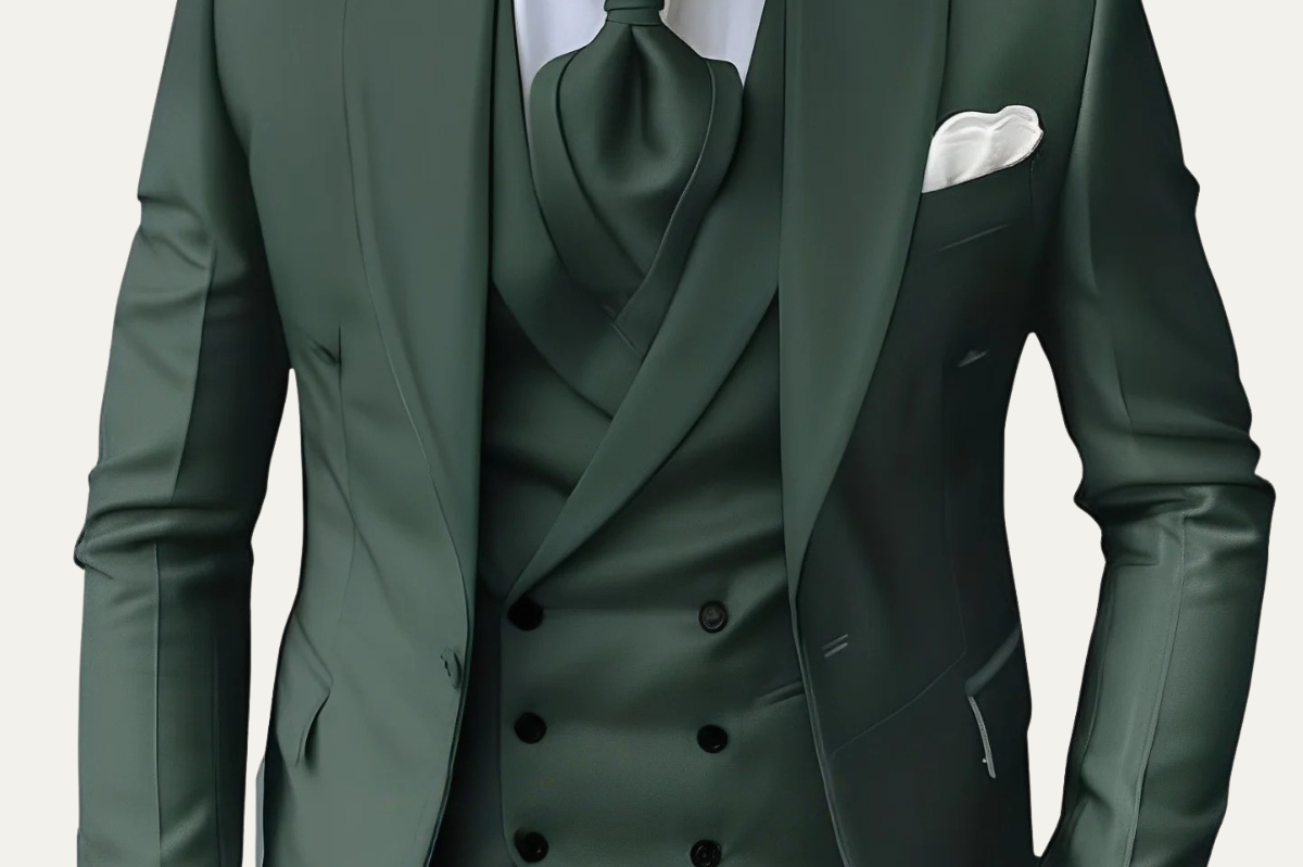 Trent - Men's Structured Shoulder Three-Piece Suit in Dark Tones - Dark Green