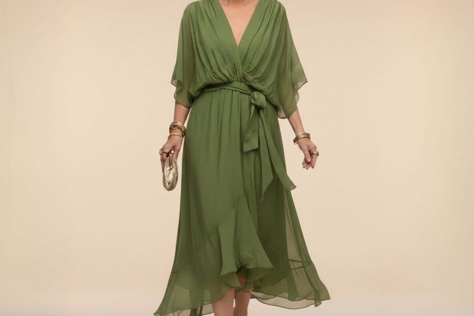 Treva - Women's Chiffon Wrap Midi Dress with Flutter Sleeves - Green