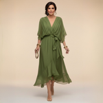 Treva - Women's Chiffon Wrap Midi Dress with Flutter Sleeves - Green