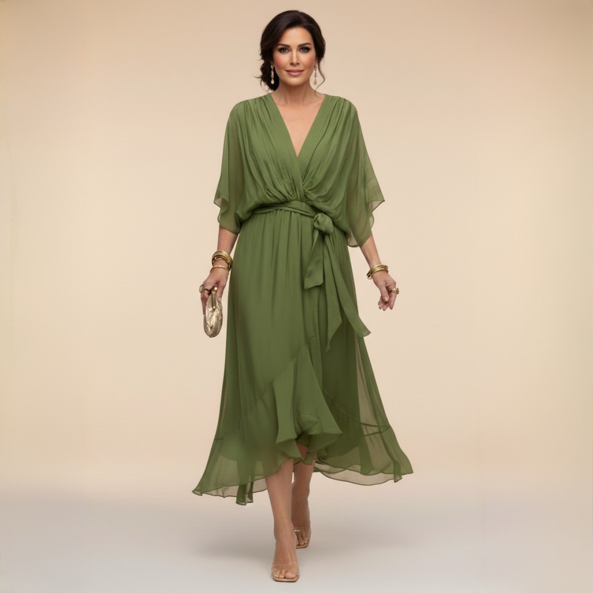 Treva - Women's Chiffon Wrap Midi Dress with Flutter Sleeves - Green