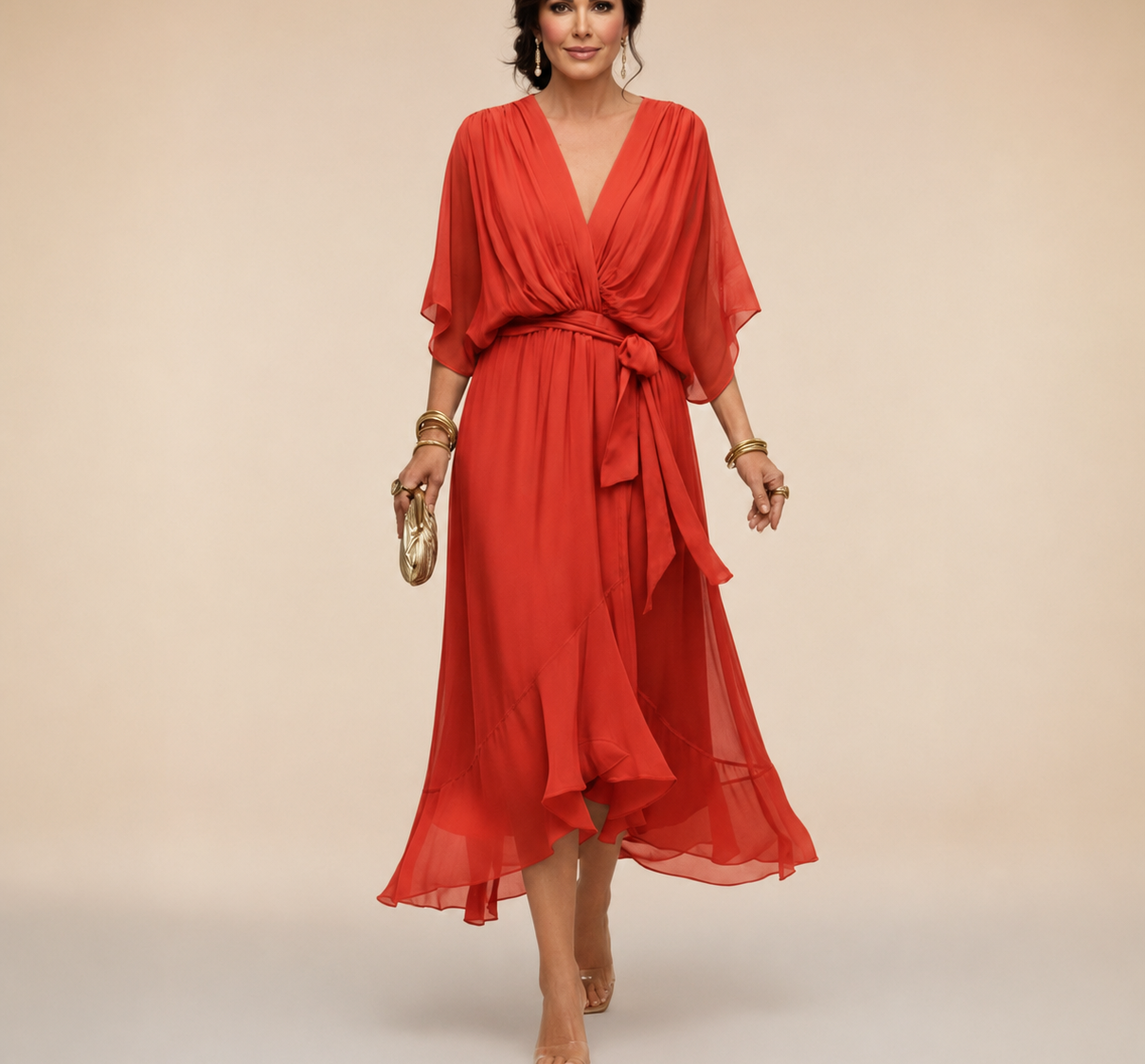 Treva - Women's Chiffon Wrap Midi Dress with Flutter Sleeves - Orange