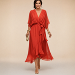 Treva - Women's Chiffon Wrap Midi Dress with Flutter Sleeves - Orange