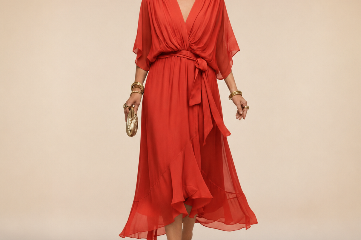 Treva - Women's Chiffon Wrap Midi Dress with Flutter Sleeves - Orange