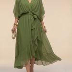 Treva - Women's Chiffon Wrap Midi Dress with Flutter Sleeves
