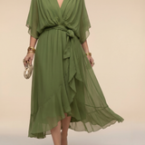 Treva - Women's Chiffon Wrap Midi Dress with Flutter Sleeves