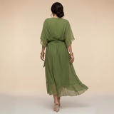 Treva - Women's Chiffon Wrap Midi Dress with Flutter Sleeves