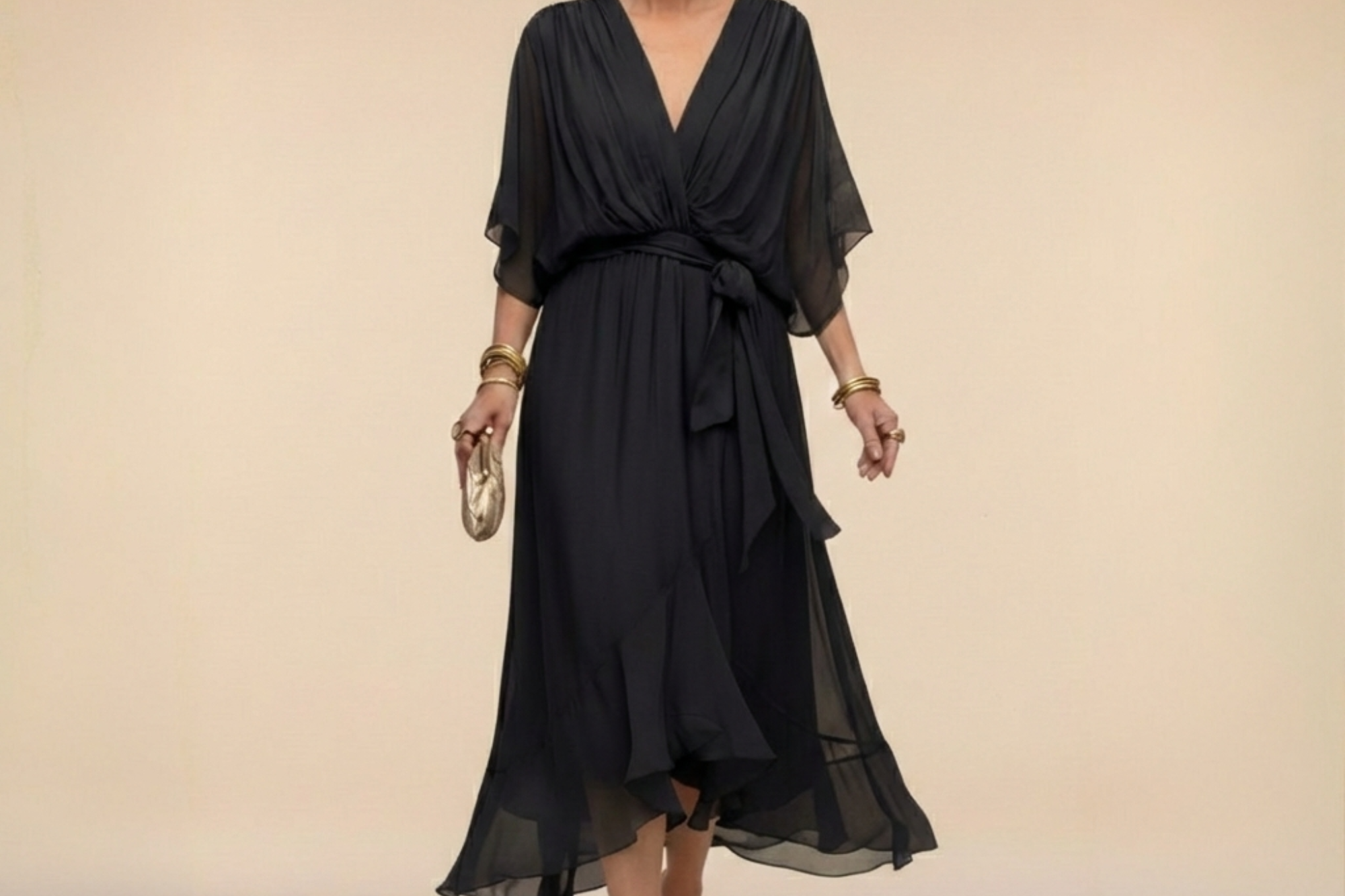 Treva - Women's Chiffon Wrap Midi Dress with Flutter Sleeves - Black