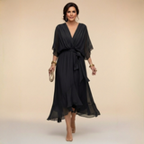 Treva - Women's Chiffon Wrap Midi Dress with Flutter Sleeves - Black